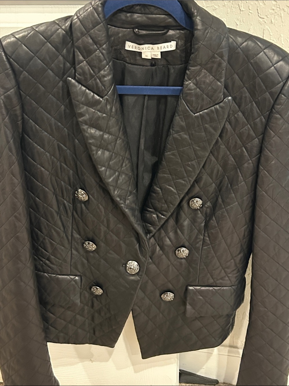 Veronica Beard Quilted Leather Double-Breasted Jacket - Black w/Dickie